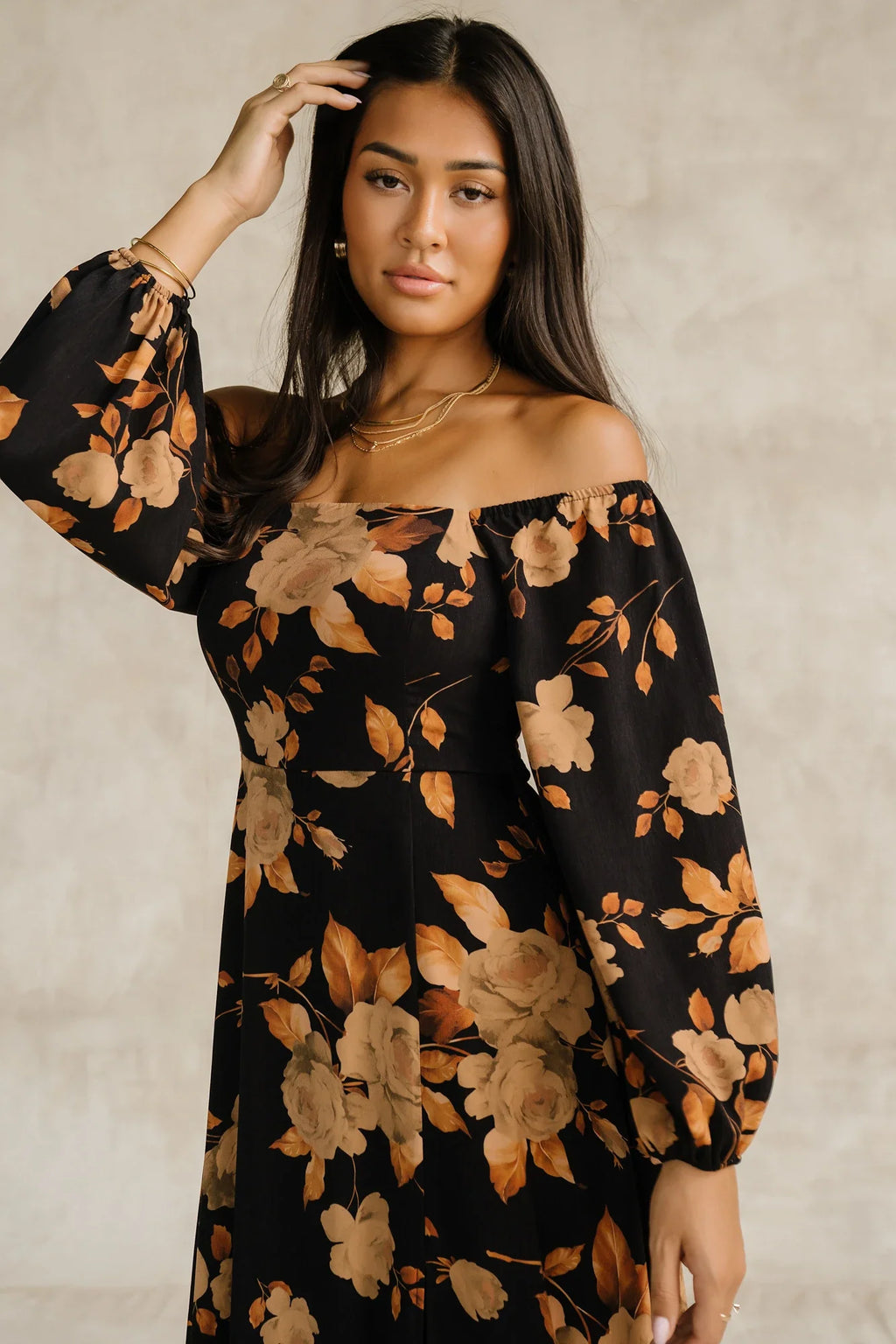 Cordelia Off Shoulder Maxi Dress | Black + Gold Floral