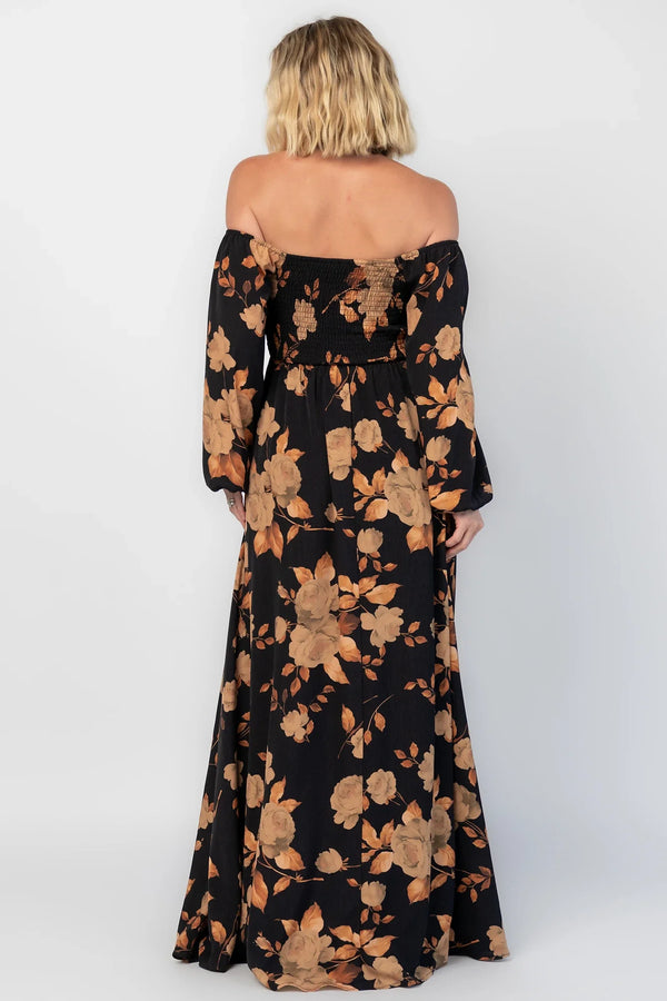 Cordelia Off Shoulder Maxi Dress | Black + Gold Floral
