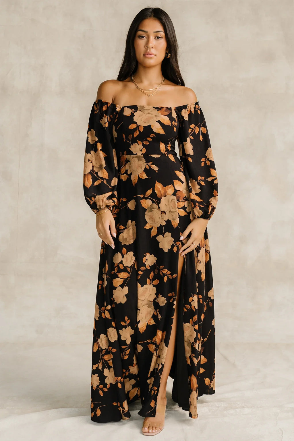 Cordelia Off Shoulder Maxi Dress | Black + Gold Floral