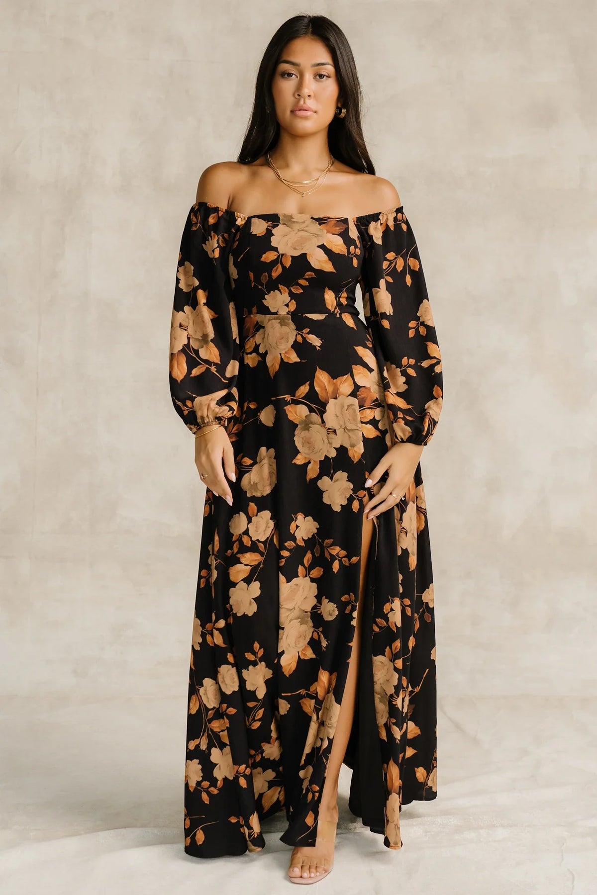 Cordelia Off Shoulder Maxi Dress | Black + Gold Floral
