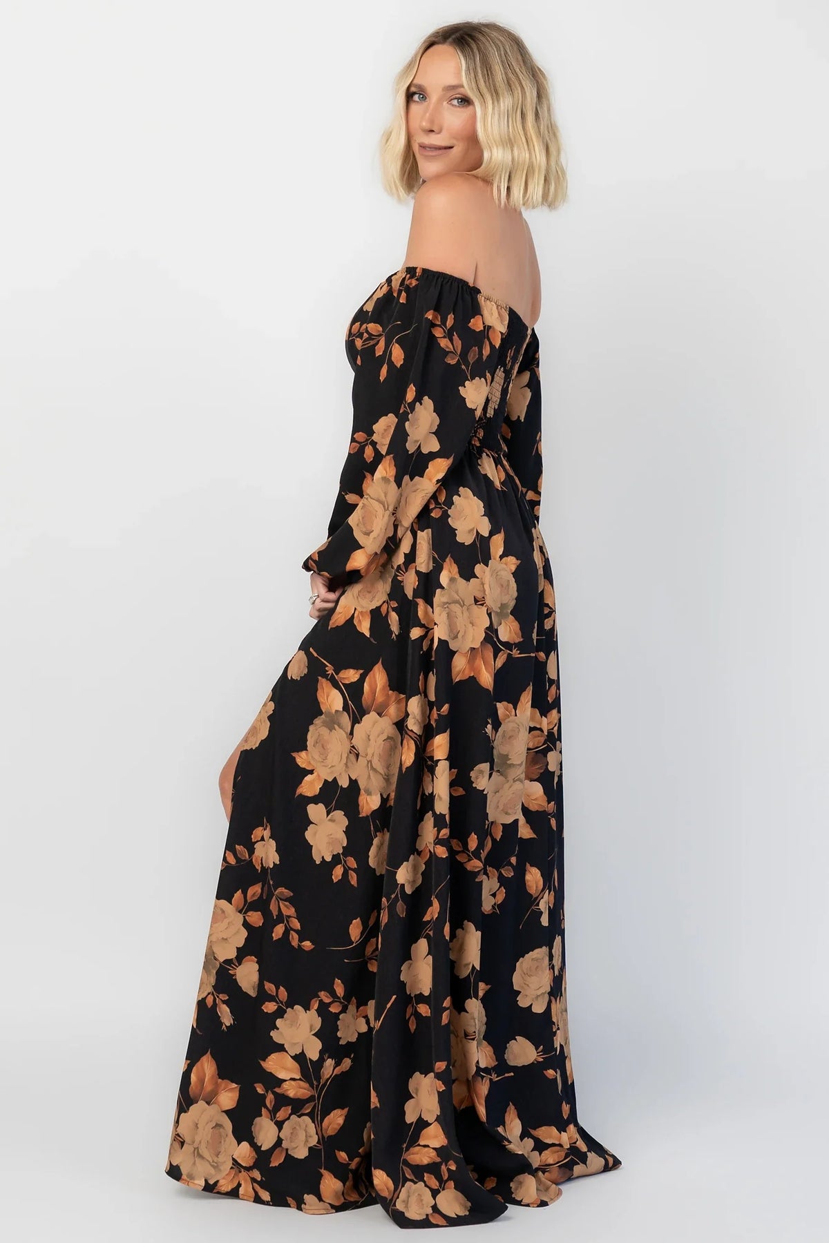 Cordelia Off Shoulder Maxi Dress | Black + Gold Floral