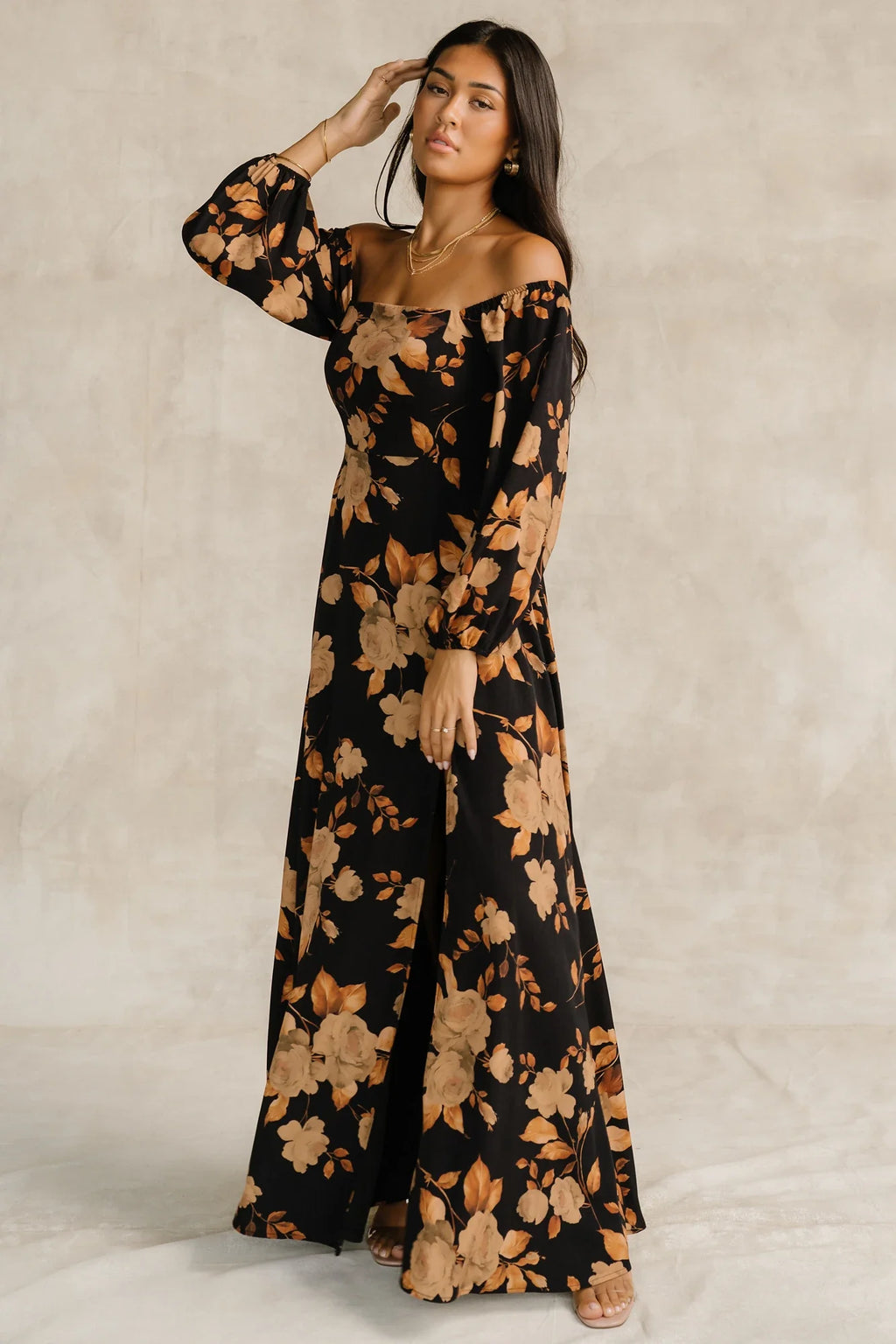 Cordelia Off Shoulder Maxi Dress | Black + Gold Floral