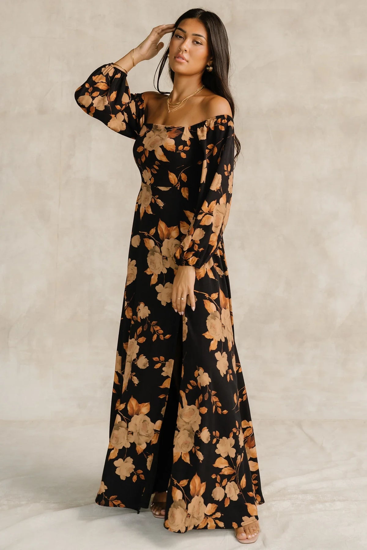 Cordelia Off Shoulder Maxi Dress | Black + Gold Floral Main image