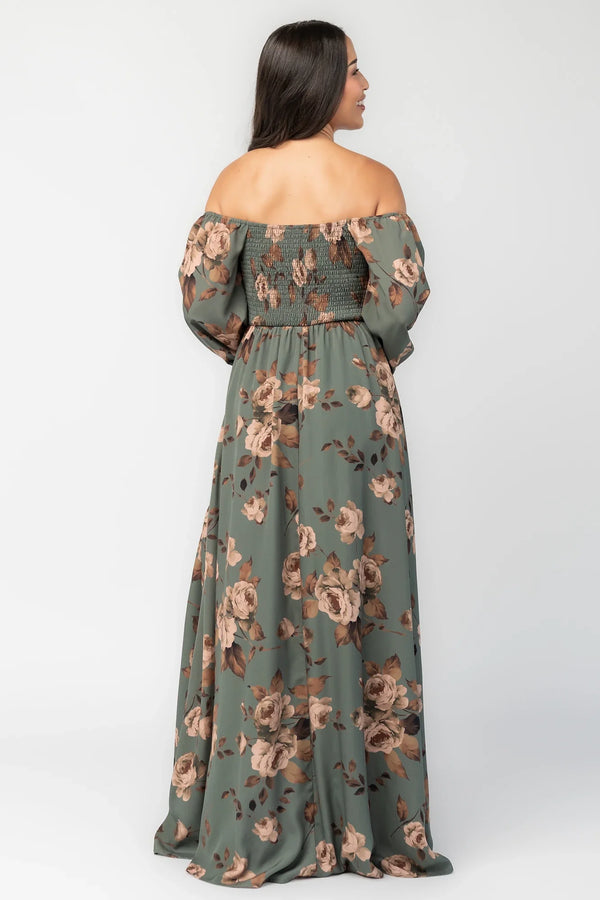 Cordelia Off Shoulder Maxi Dress | Dark Teal Floral