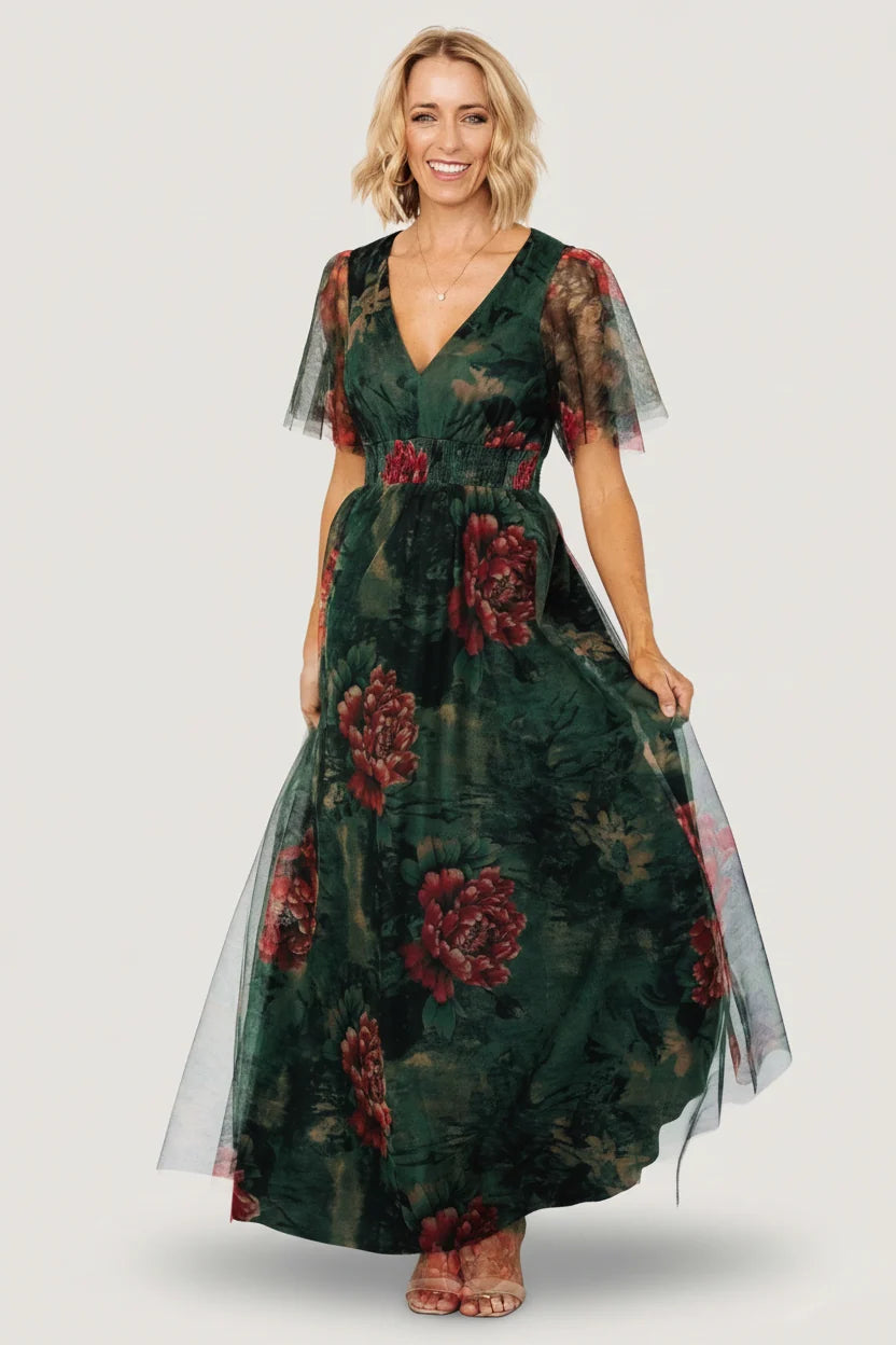 Cressida Tulle Maxi Dress | Dark Green + Red Floral Main image