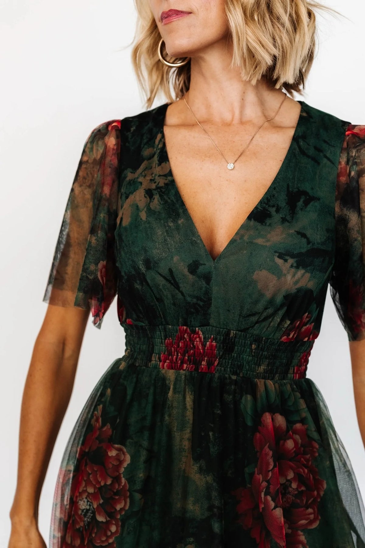 Cressida Tulle Maxi Dress | Dark Green + Red Floral