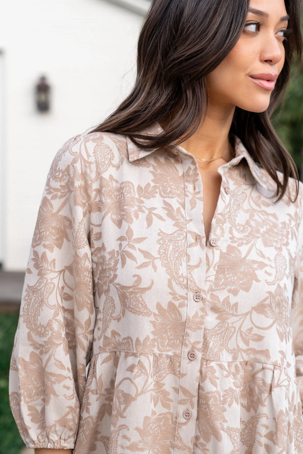 Dakota Babydoll Dress | Taupe Print