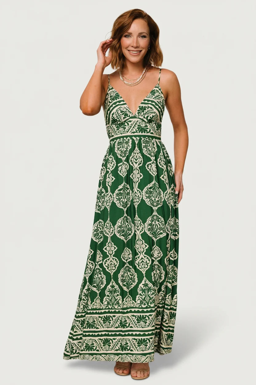 Davinah V Neck Maxi Dress | Green Print