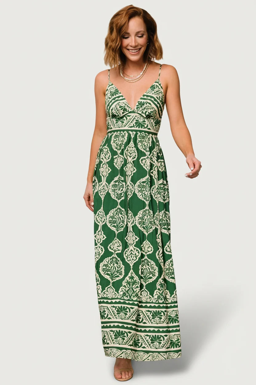 Davinah V Neck Maxi Dress | Green Print