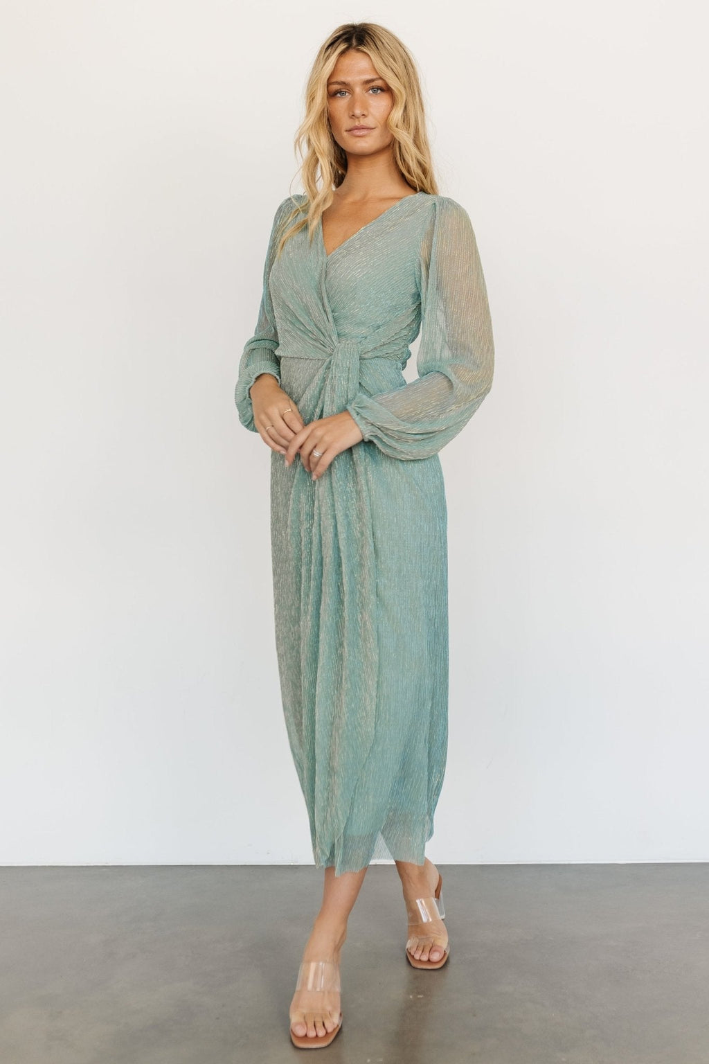 Devlyn Pleated Dress | Blue Sage Shimmer