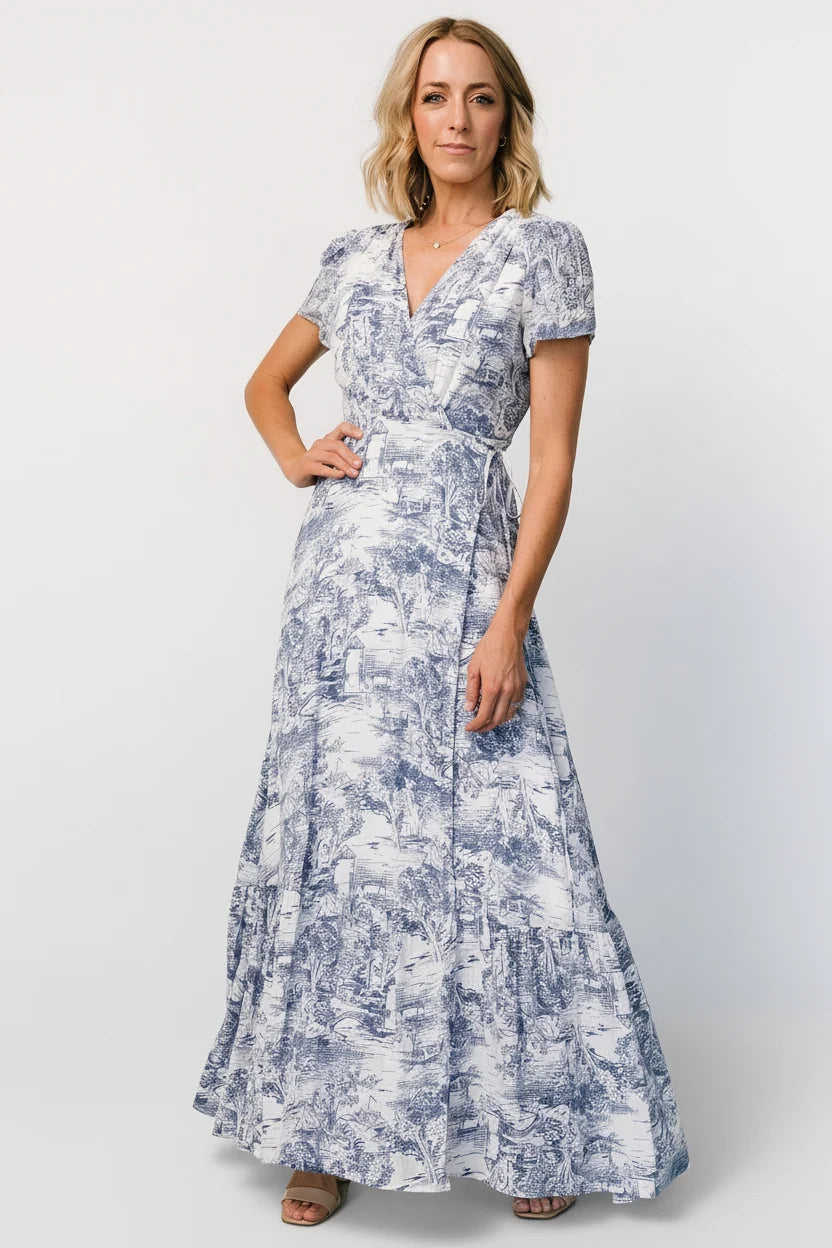 Dulce Wrap Maxi Dress | White + Blue Print Main image