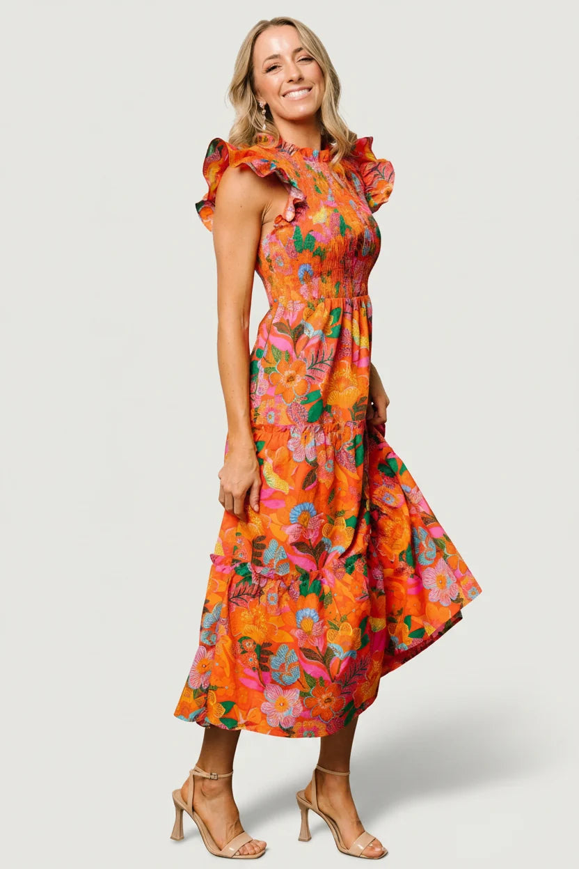 Emily Smocked Tier Dress | Orange Floral Main image