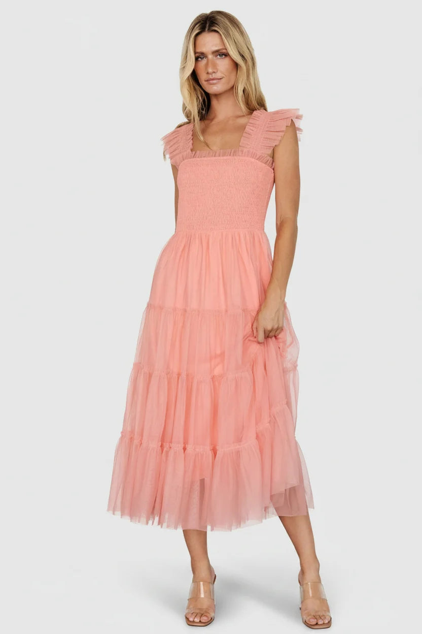Emma Smocked Tulle Dress | Coral Main image