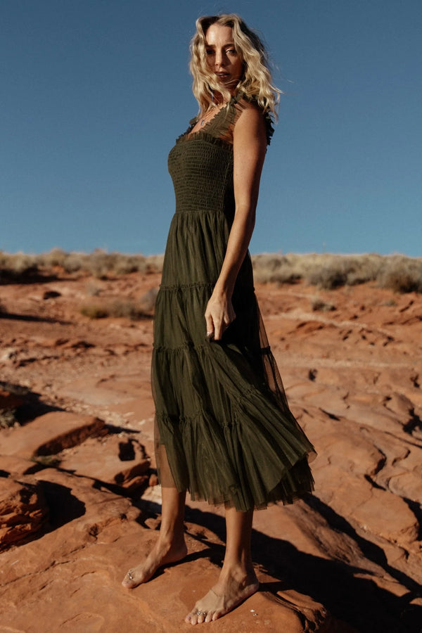Emma Smocked Tulle Dress | Dark Olive