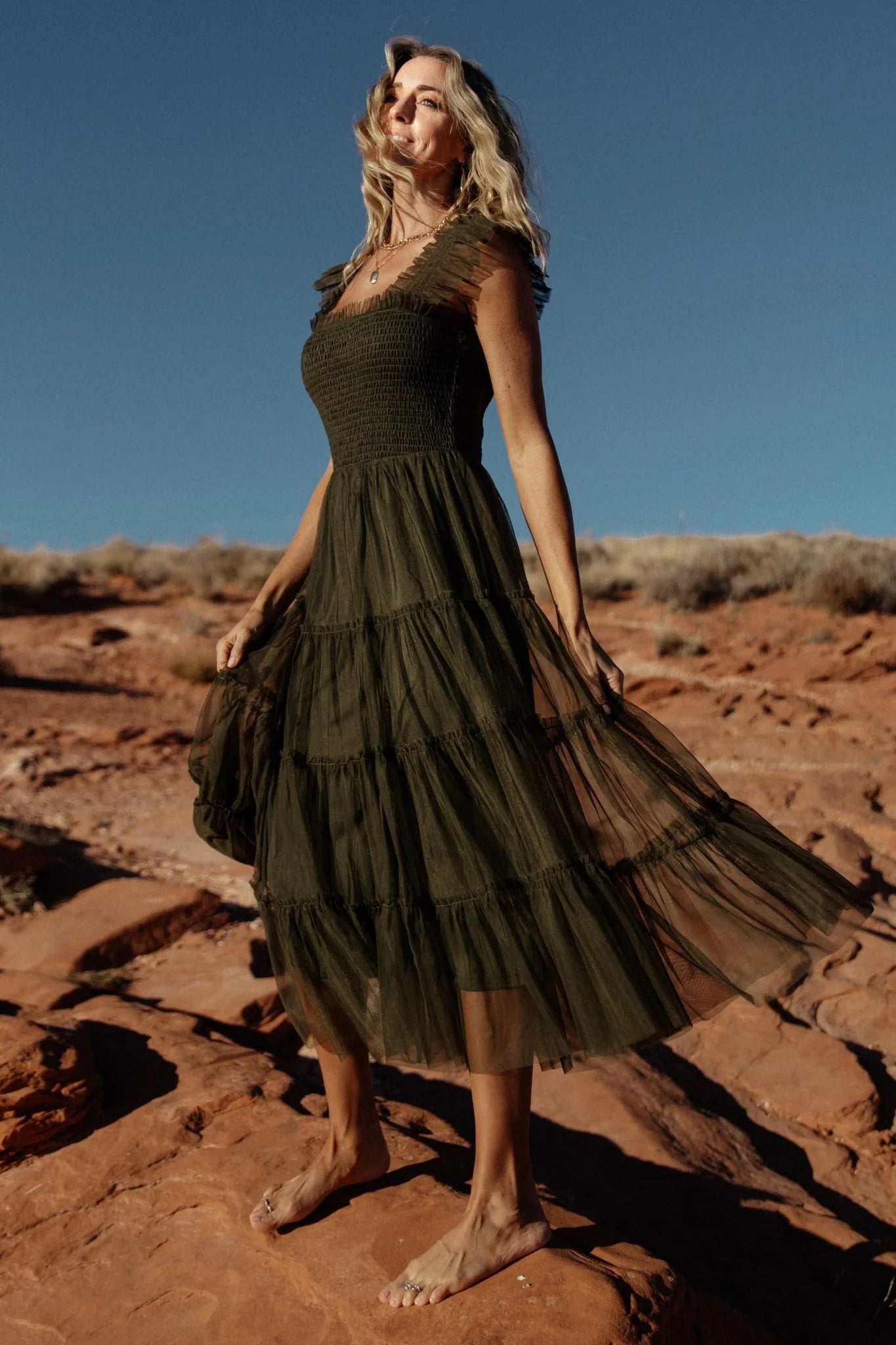 Emma Smocked Tulle Dress | Dark Olive Secondary image