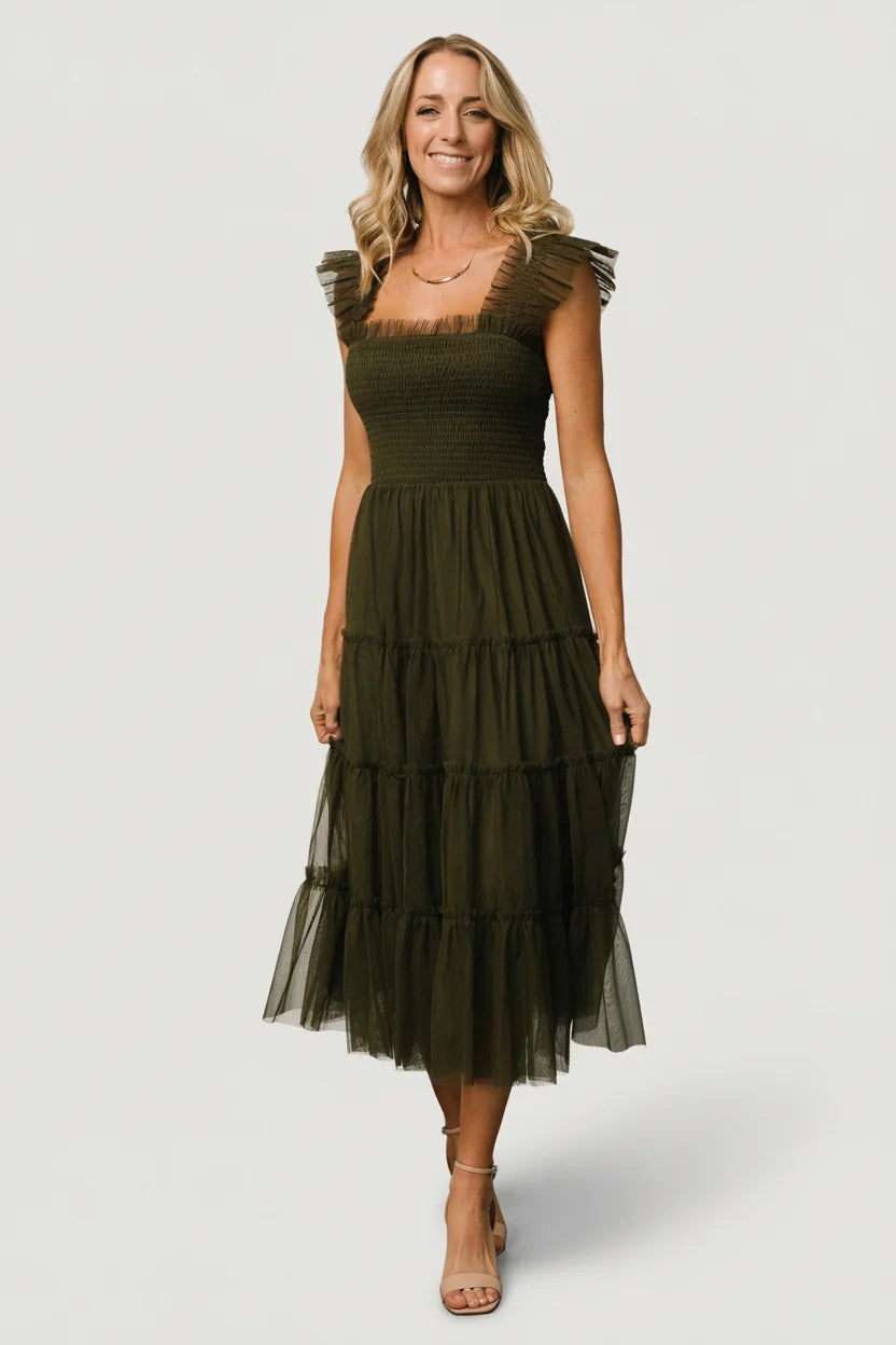 Emma Smocked Tulle Dress | Dark Olive Main image