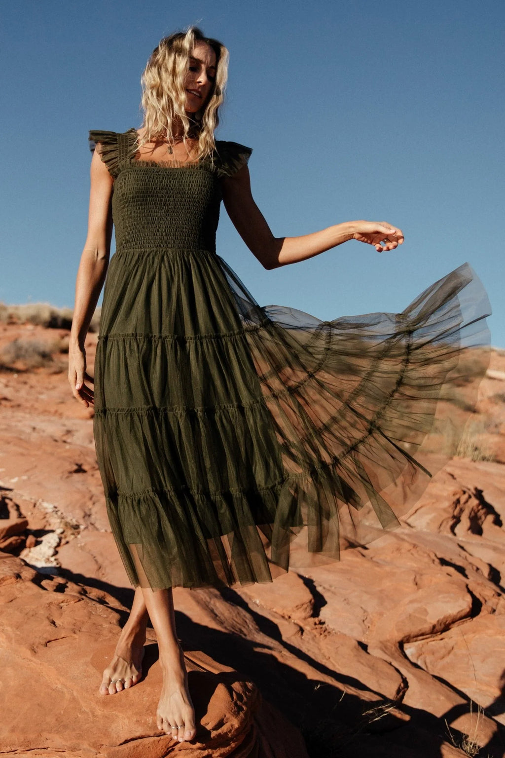 Emma Smocked Tulle Dress | Dark Olive