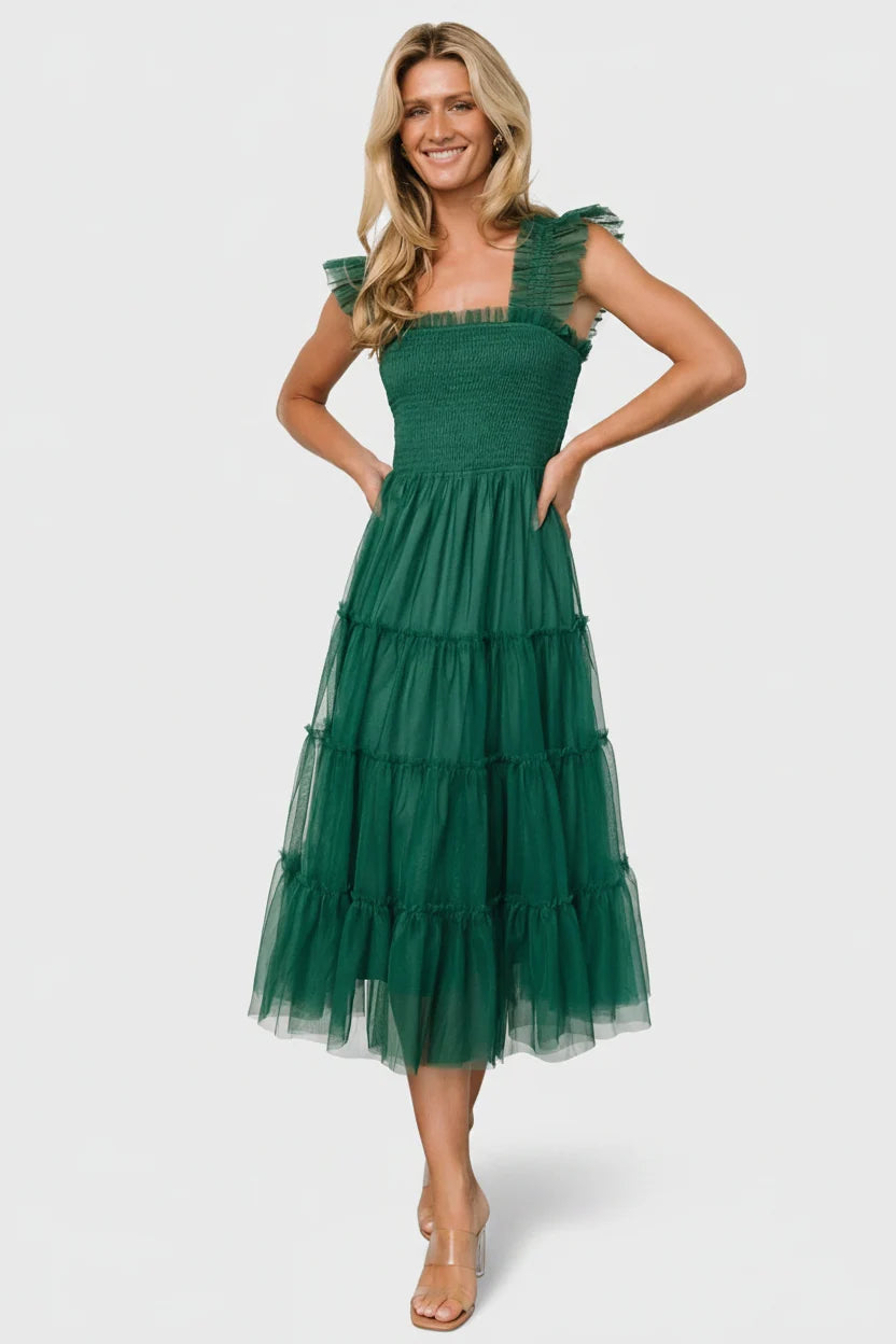 Emma Smocked Tulle Dress | Emerald Main image