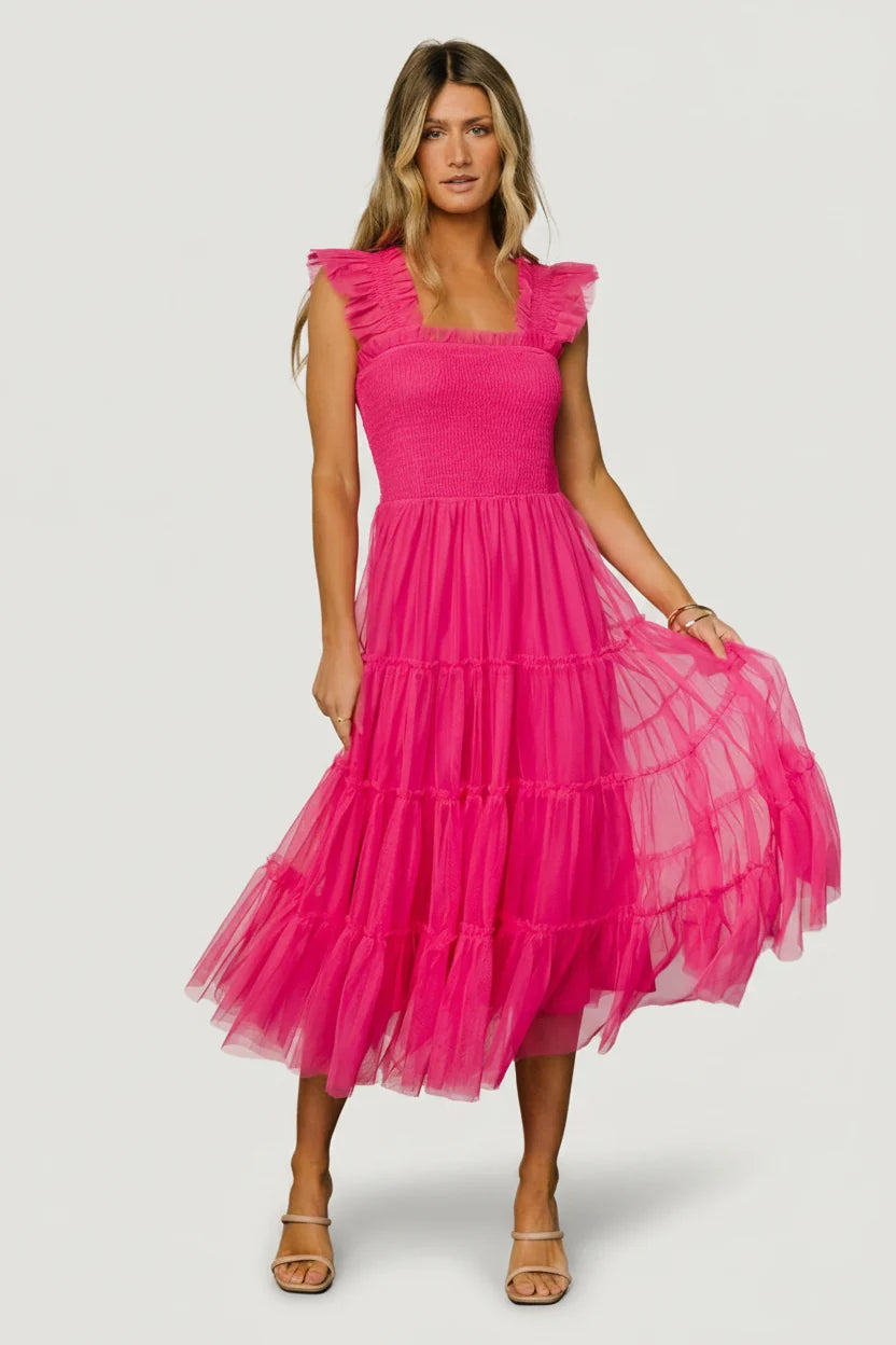 Emma Smocked Tulle Dress | Hot Pink Main image