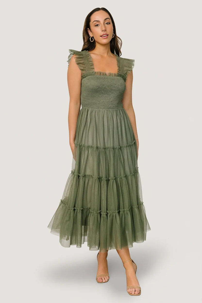 Emma Smocked Tulle Dress | Sage Main image