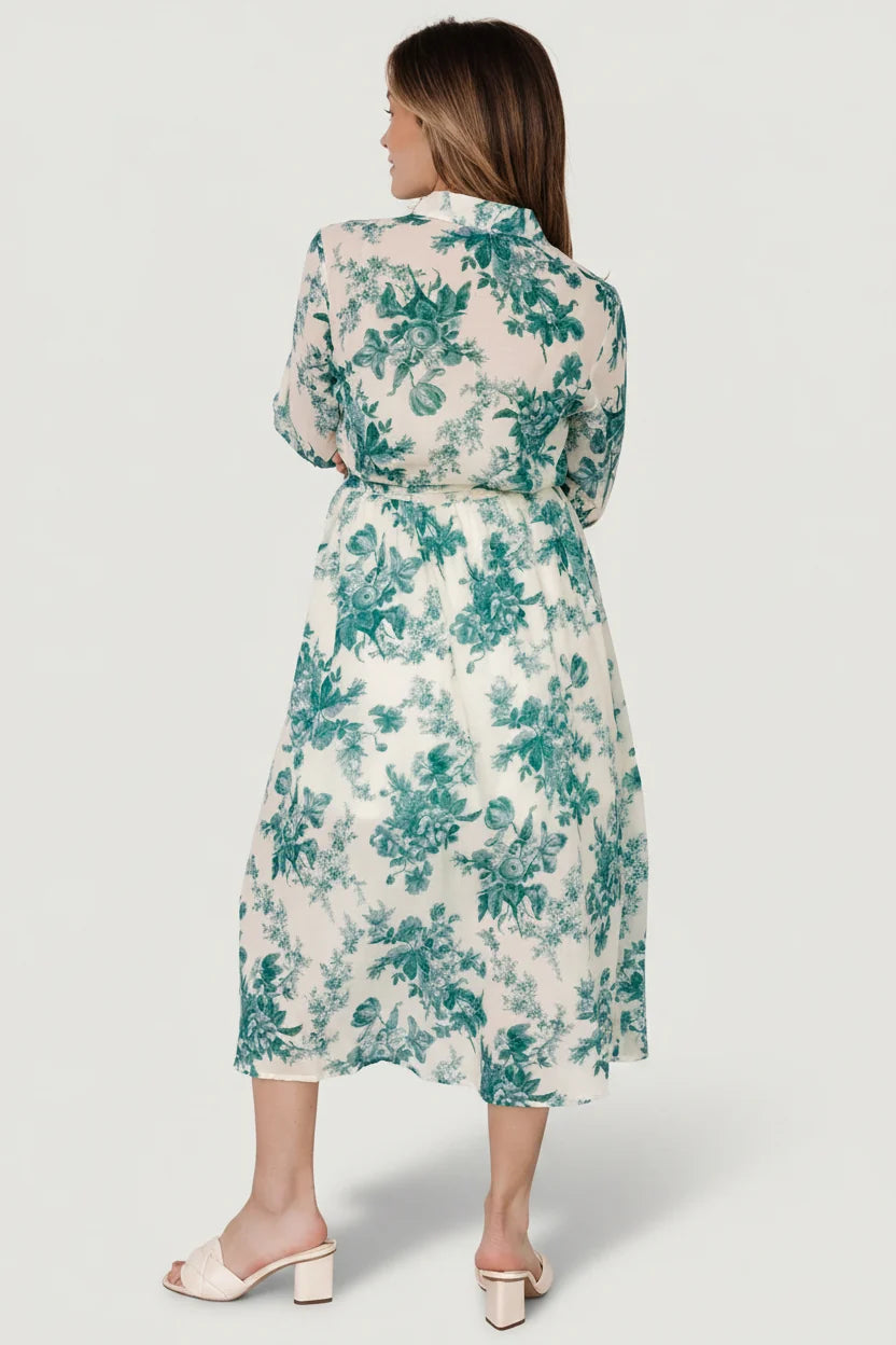 Eunice Button Midi Dress | Cream + Green Floral