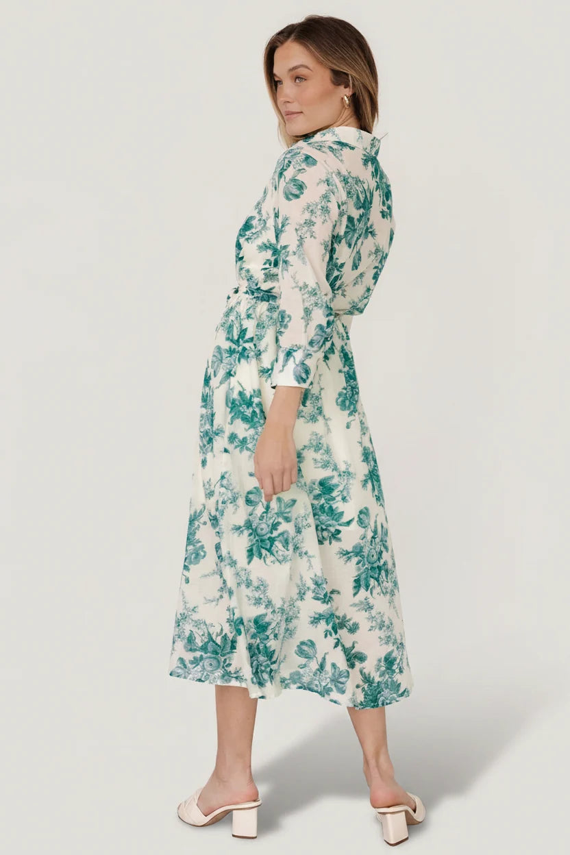 Eunice Button Midi Dress | Cream + Green Floral