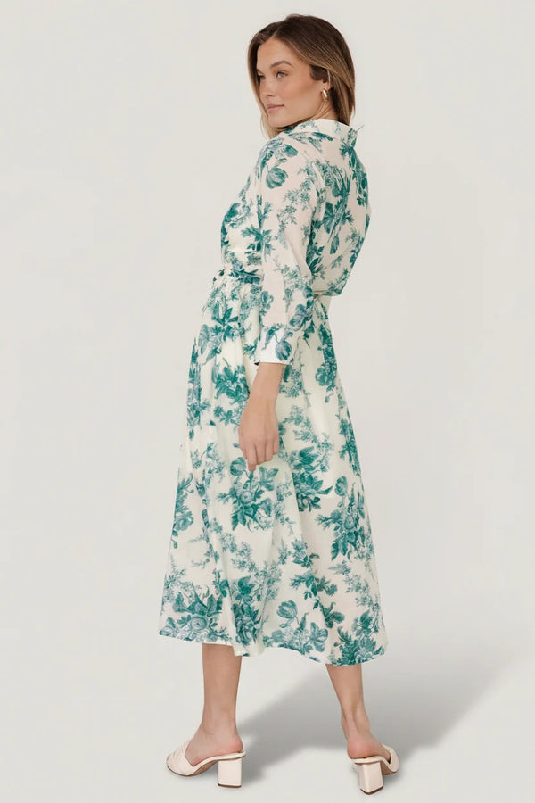 Eunice Button Midi Dress | Cream + Green Floral