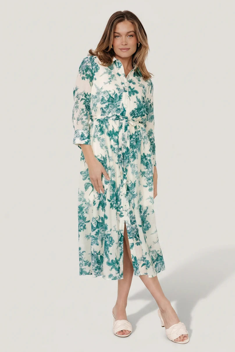 Eunice Button Midi Dress | Cream + Green Floral