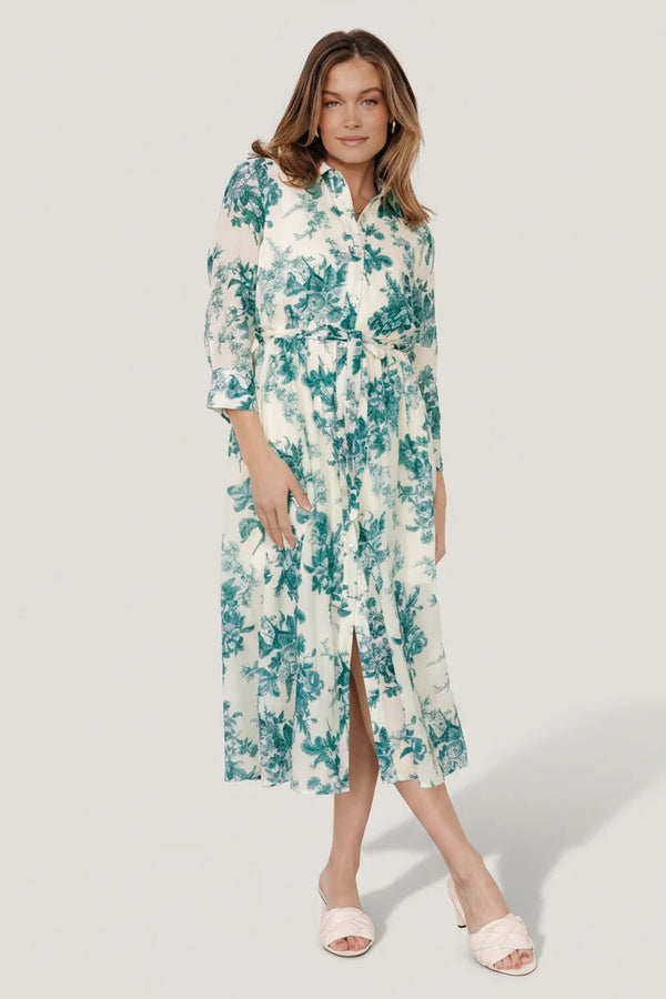 Eunice Button Midi Dress | Cream + Green Floral
