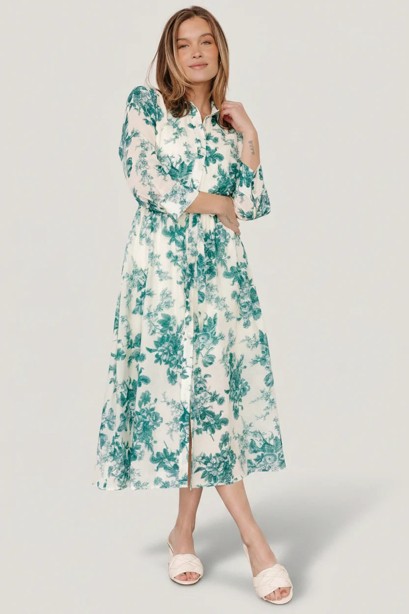 Eunice Button Midi Dress | Cream + Green Floral Main image