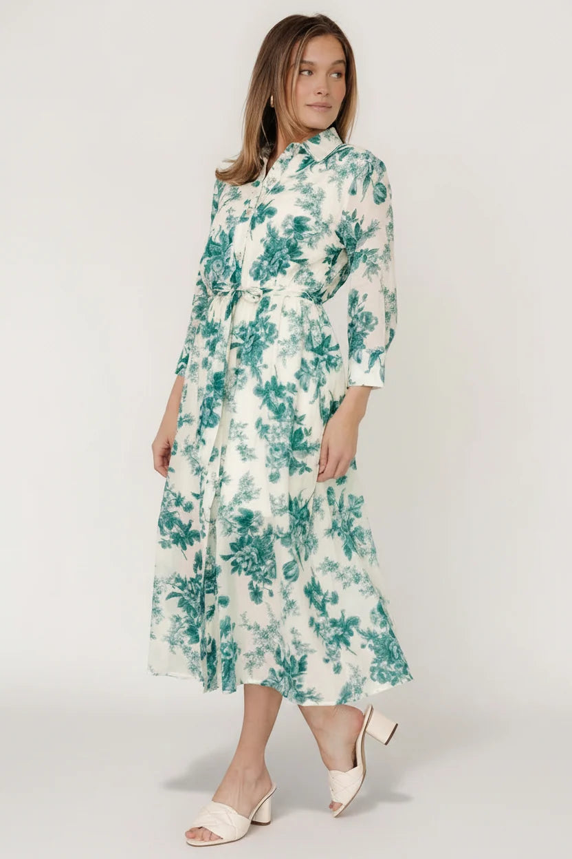 Eunice Button Midi Dress | Cream + Green Floral