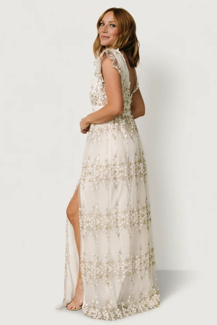 Eva Embroidered Maxi Dress | White + Gold
