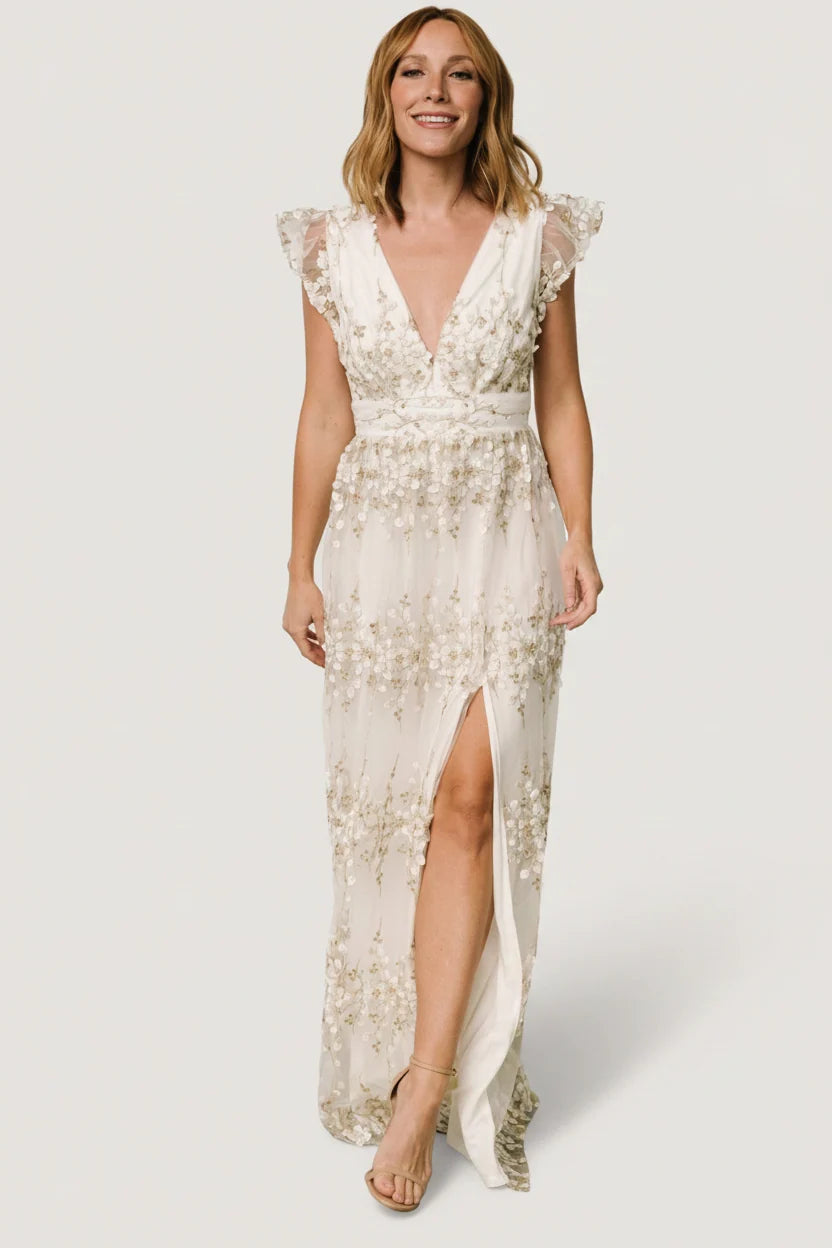 Eva Embroidered Maxi Dress | White + Gold Main image