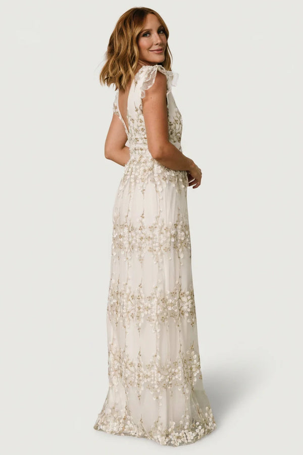 Eva Embroidered Maxi Dress | White + Gold