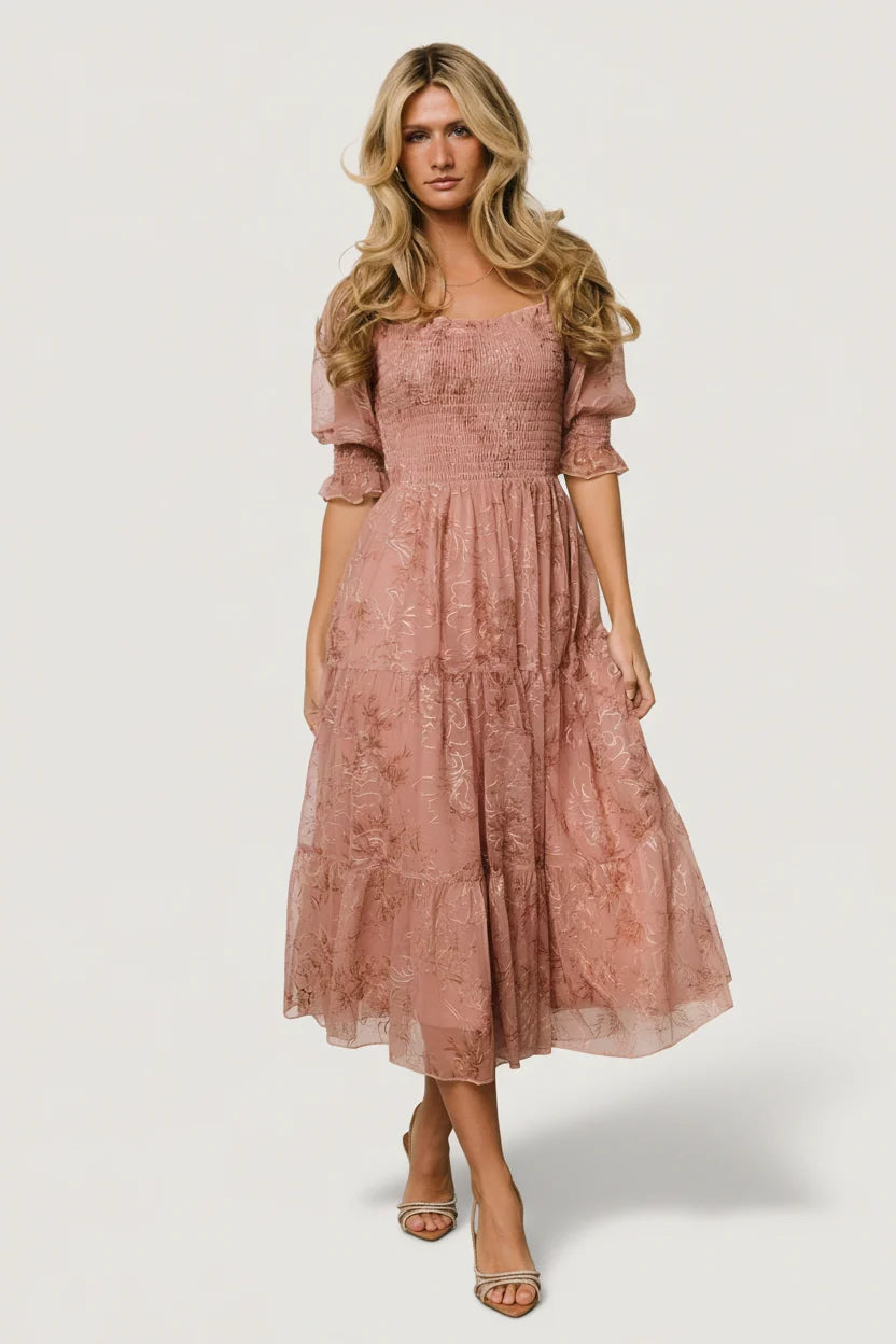 Fabian Jacquard Midi Dress | Mauve + Gold