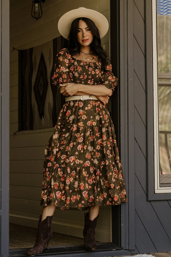 Fabian Jacquard Midi Dress | Olive Floral