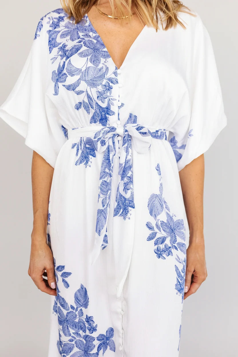 Florina Kimono Maxi Dress | White + Blue