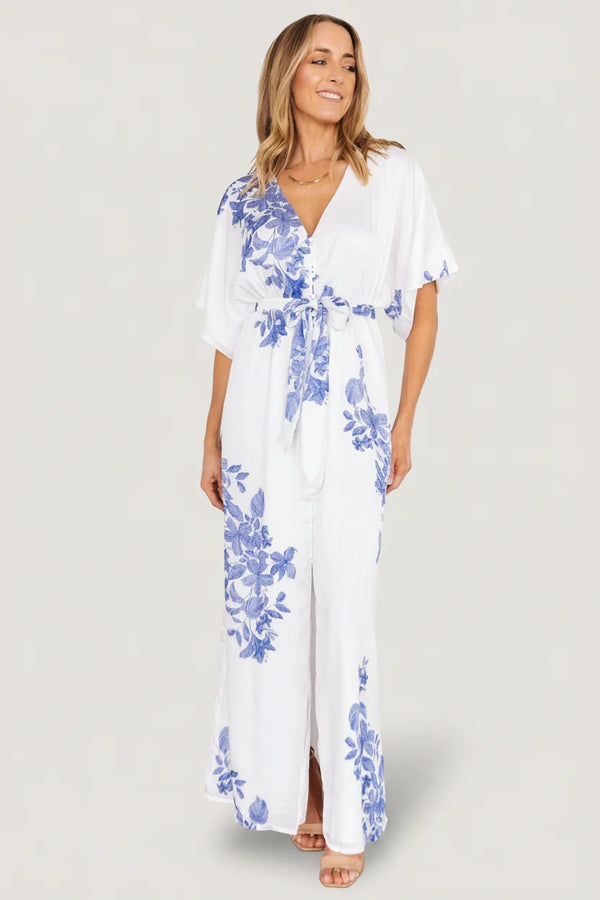 Florina Kimono Maxi Dress | White + Blue