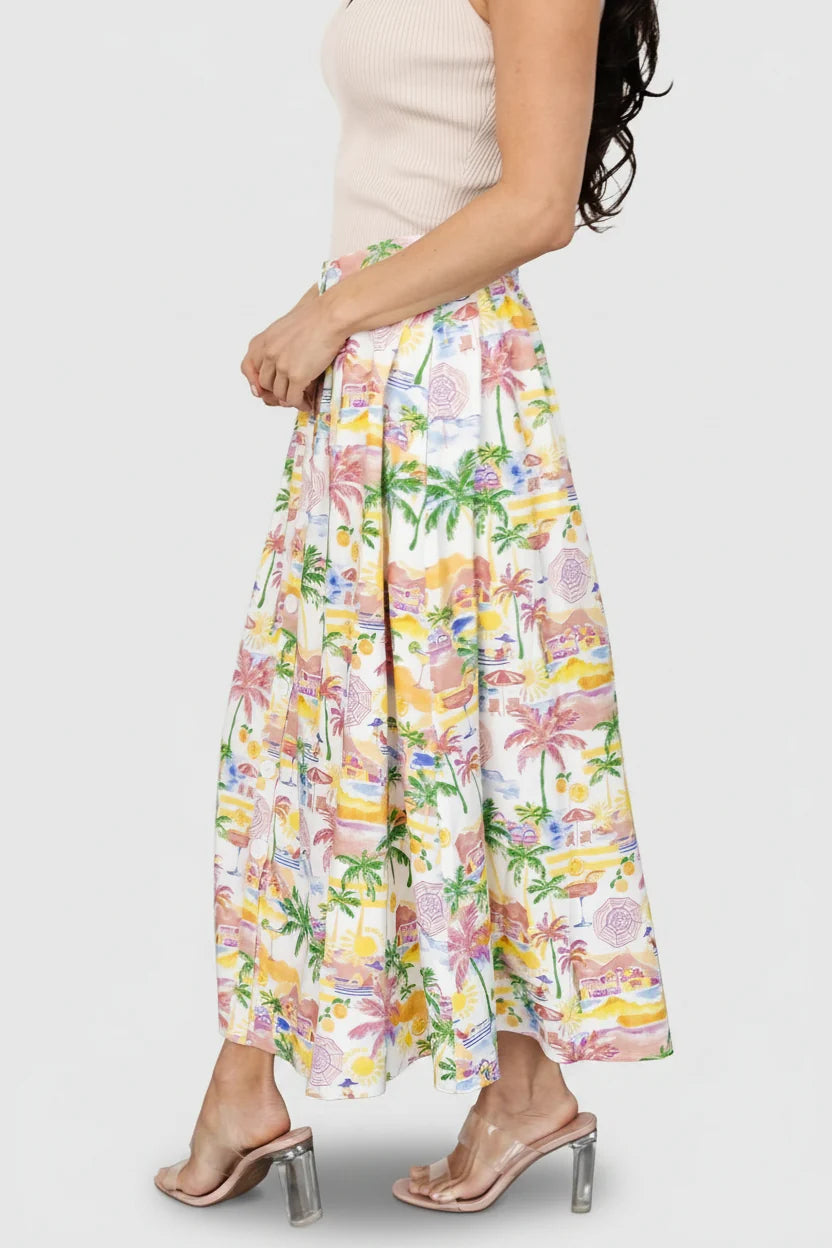Gigi Button Midi Skirt | Off White + Multi Print