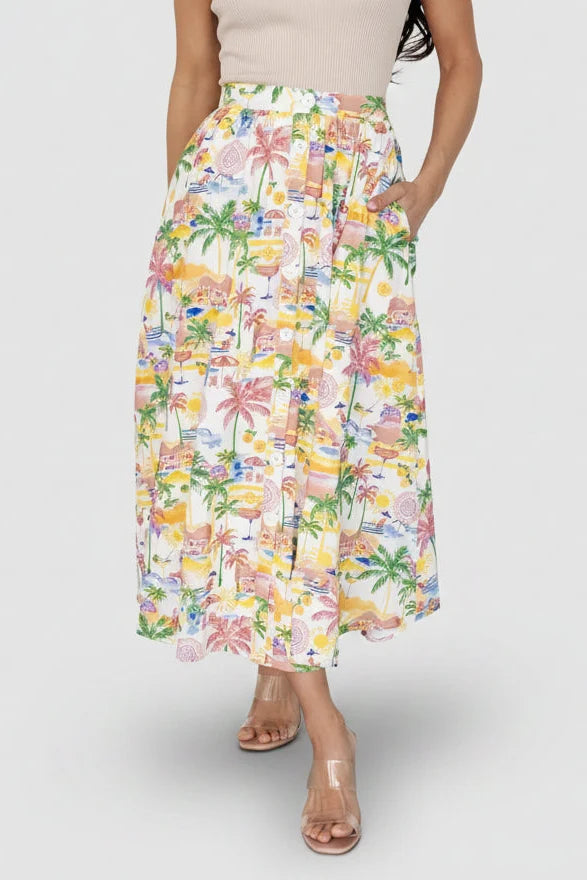 Gigi Button Midi Skirt | Off White + Multi Print Main image