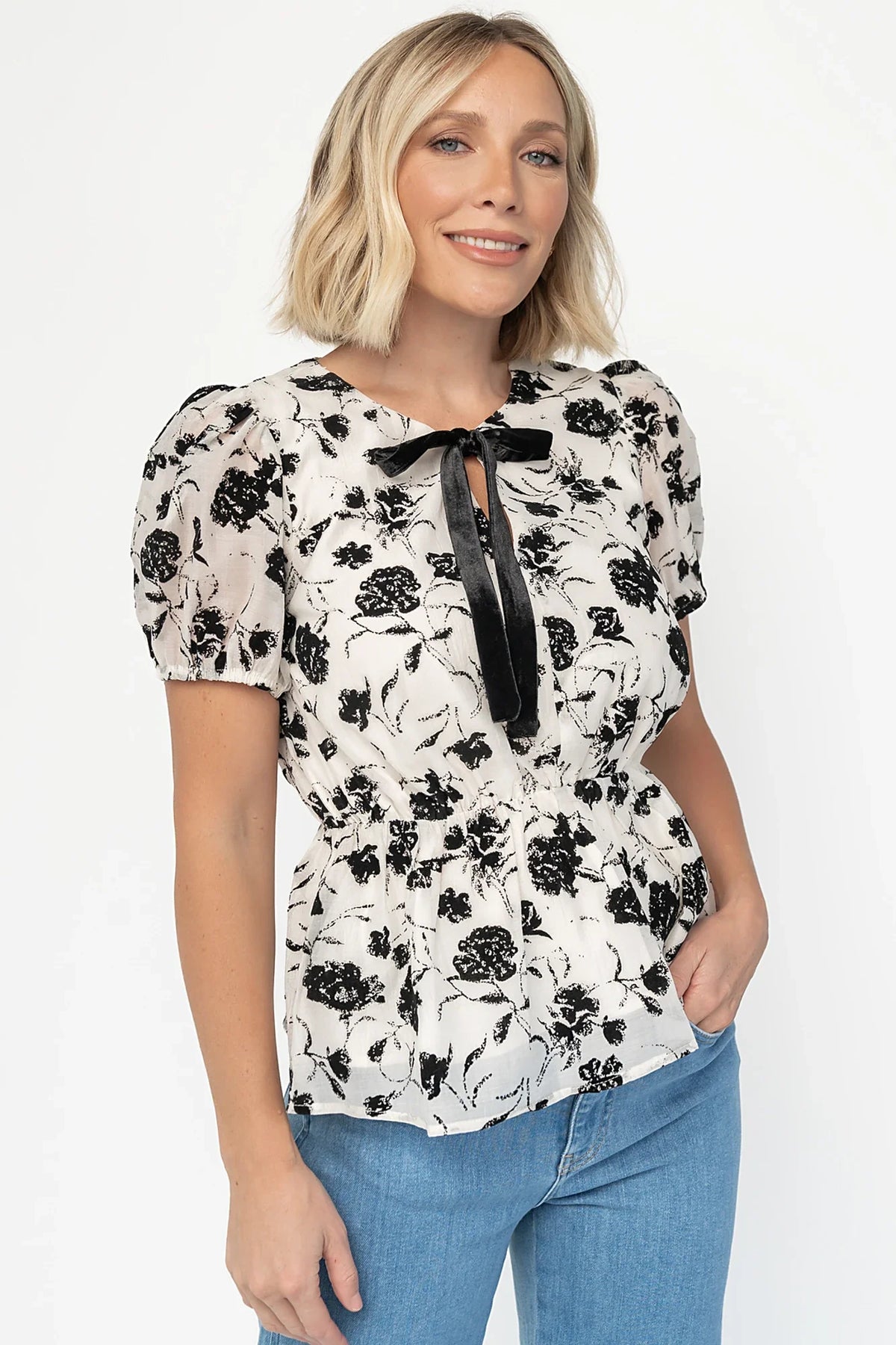 Gwenyth Peplum Blouse | Ivory + Black Main image