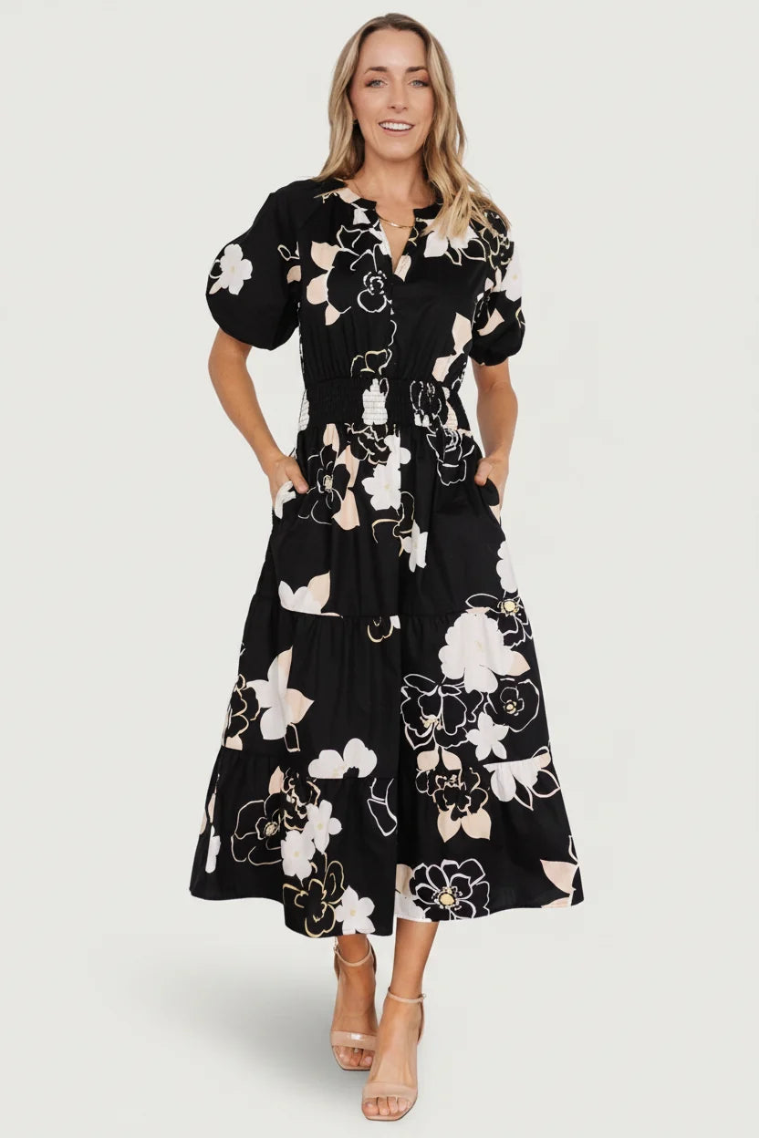 Hacienda Tiered Midi Dress | Black Multi Main image