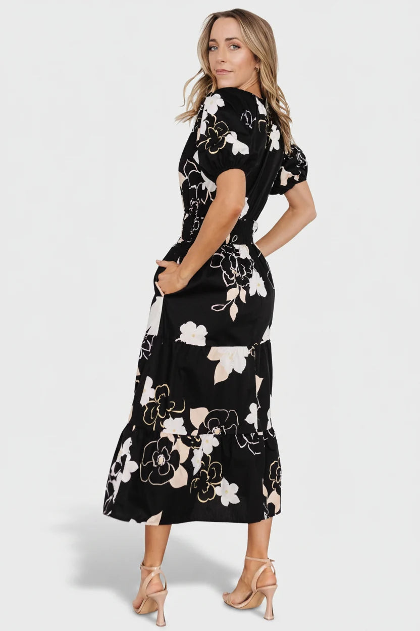 Hacienda Tiered Midi Dress | Black Multi