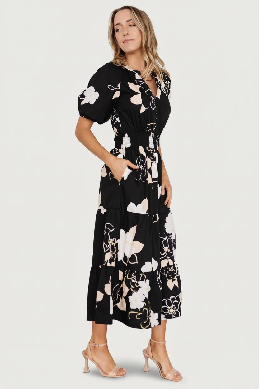 Hacienda Tiered Midi Dress | Black Multi