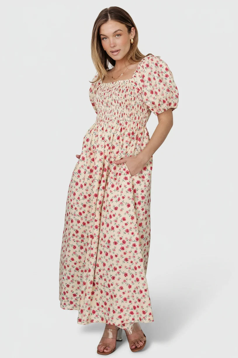 Haddie Smocked Midi Dress | Cream + Rose Floral Main image