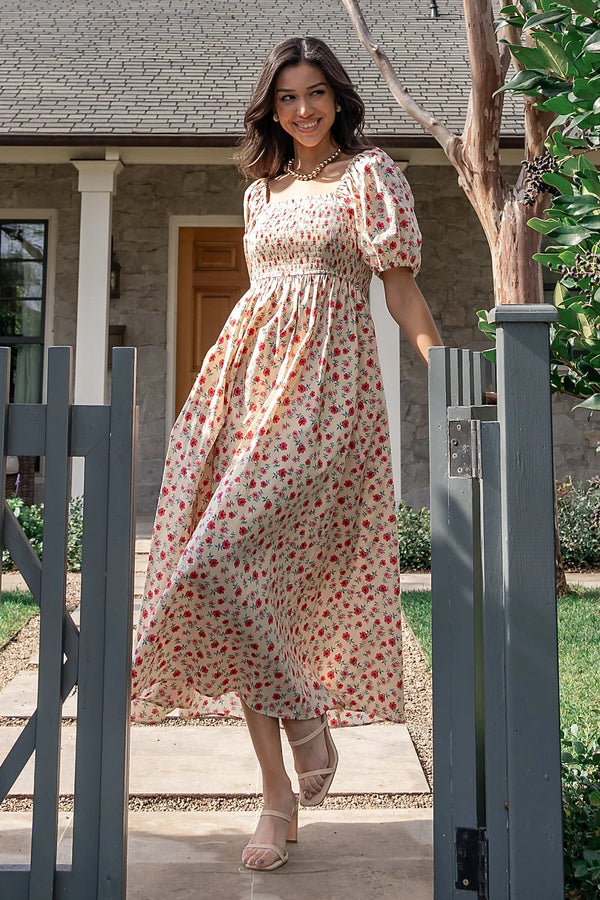 Haddie Smocked Midi Dress | Cream + Rose Floral
