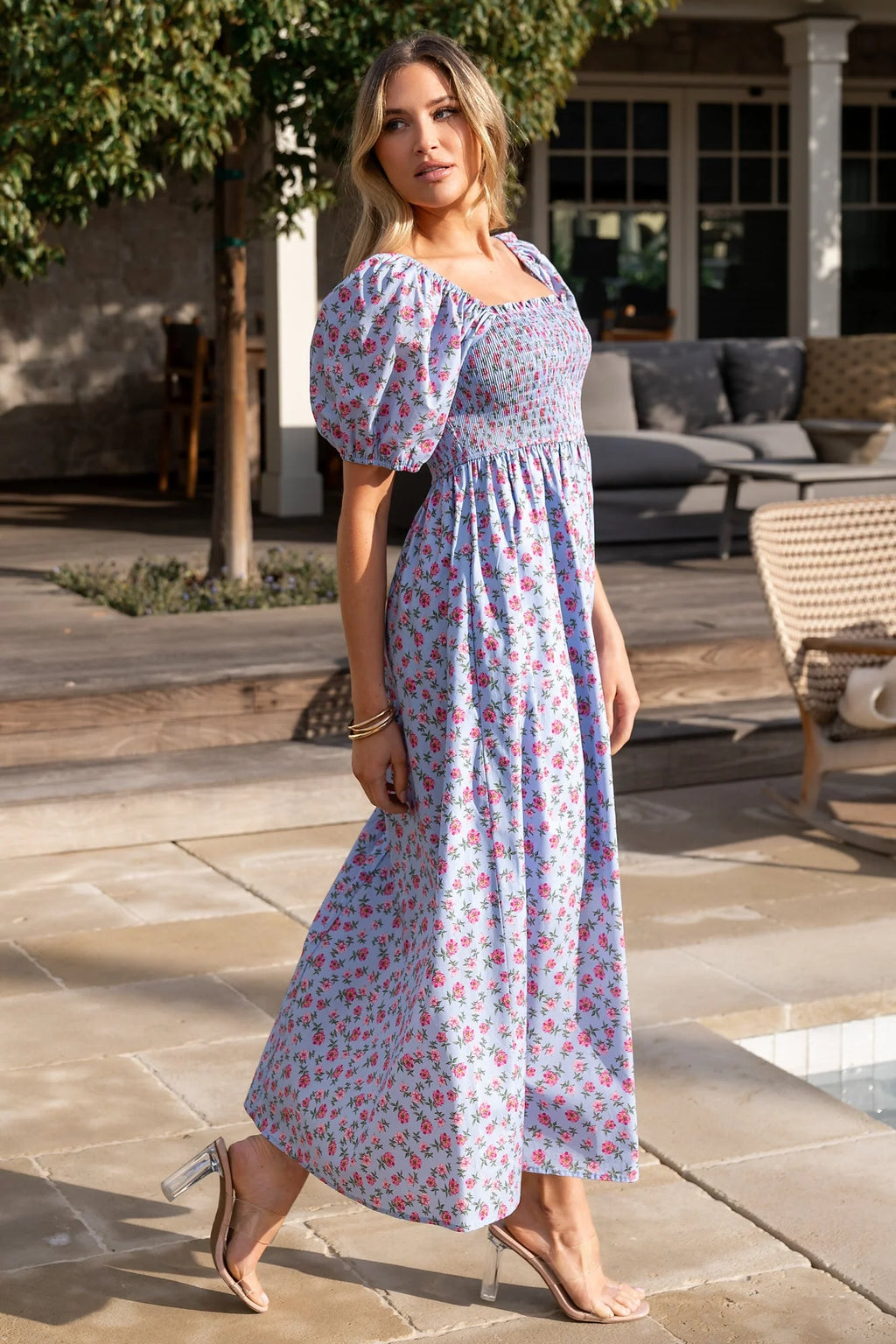 Haddie Smocked Midi Dress | Light Blue + Rose Floral
