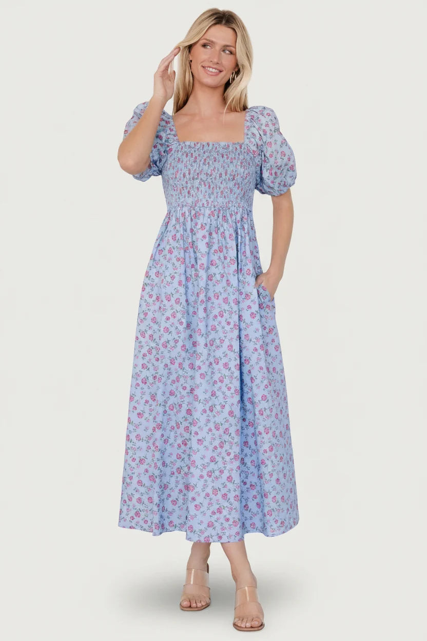 Haddie Smocked Midi Dress | Light Blue + Rose Floral Main image
