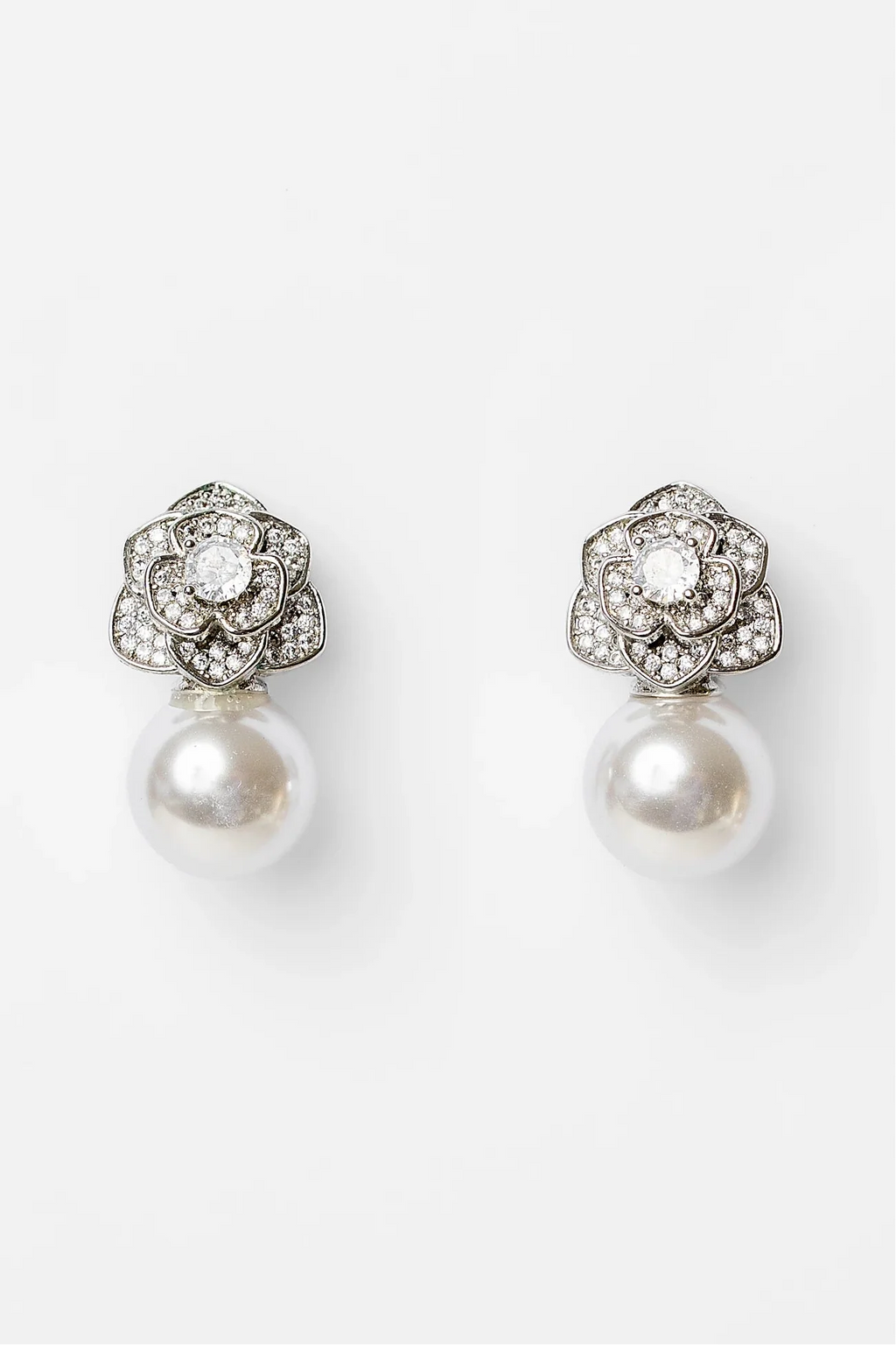 Helena Floral Pearl Drop Earrings | Silver
