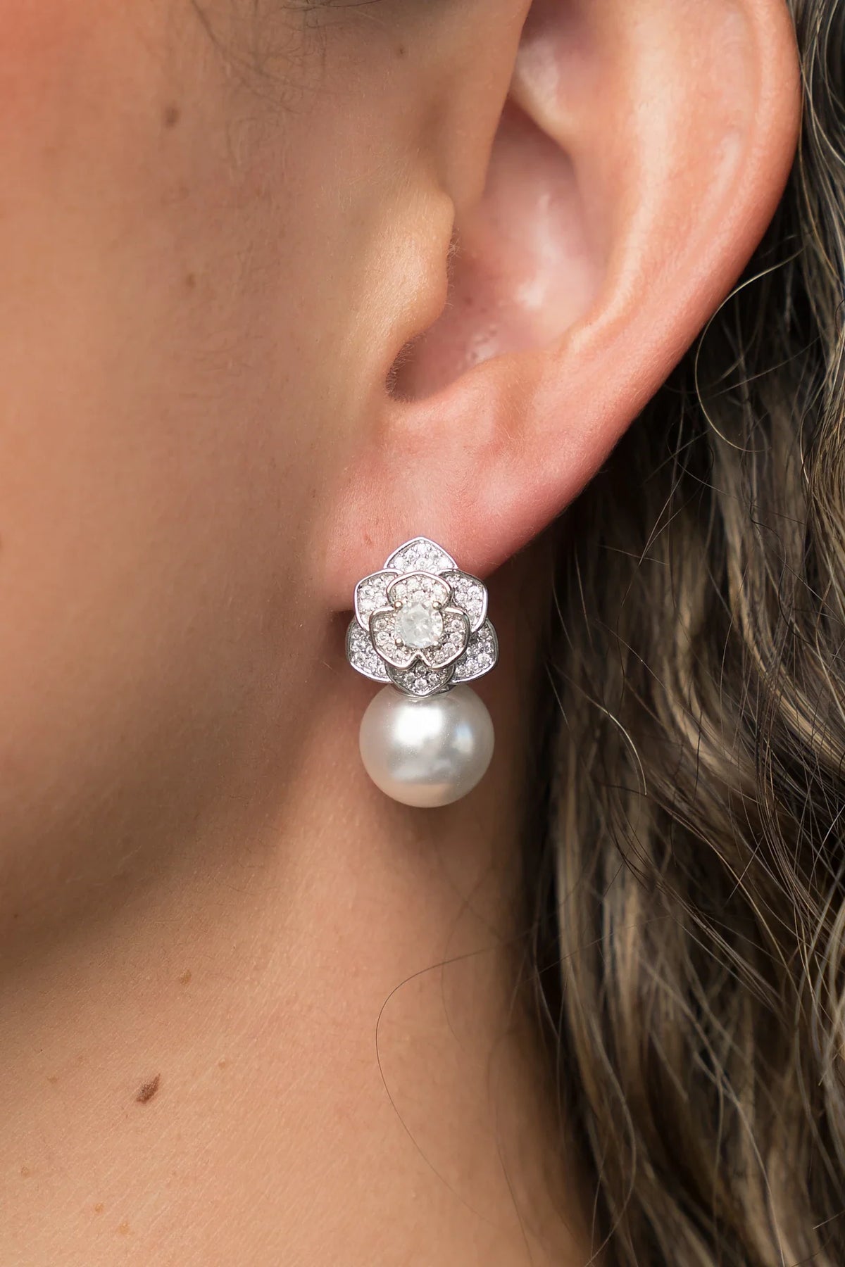 Helena Floral Pearl Drop Earrings | Silver Main image